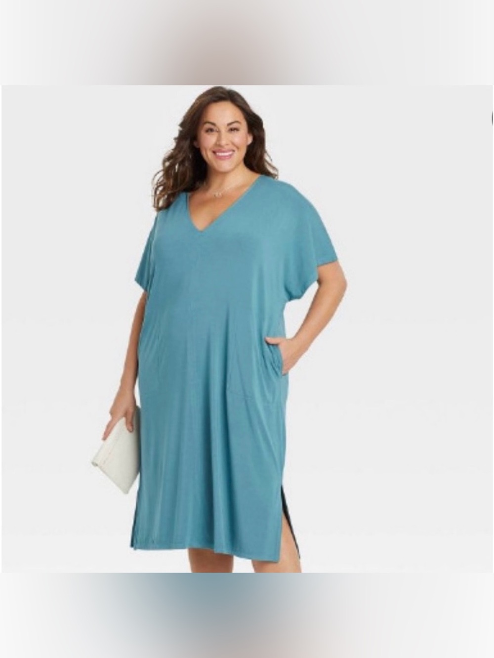 Ava & Viv Dress Womens 4X Blue Teal Kaftan Maxi V Neck Jersey Lounge Pockets
